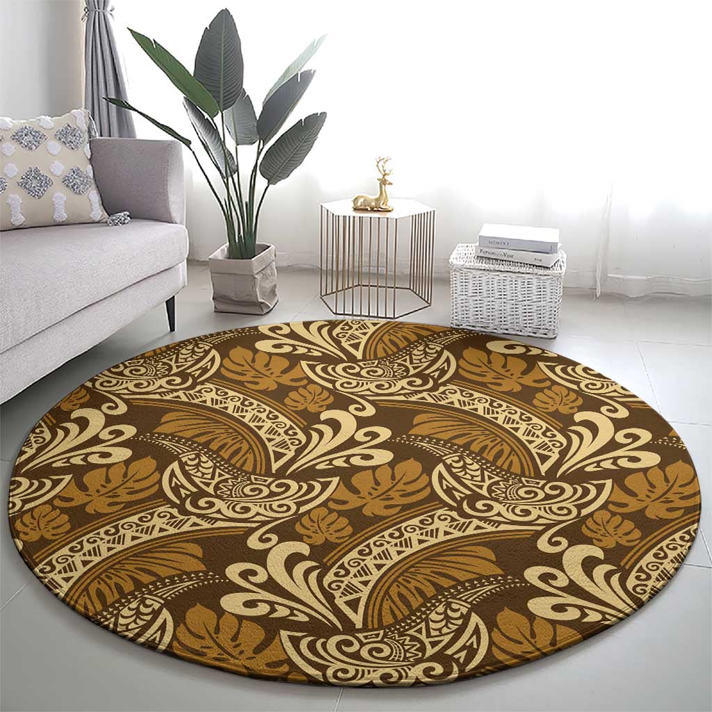 Brown Gold Monstera Round Carpet Polynesian Tribal Pattern - Polynesian Pride