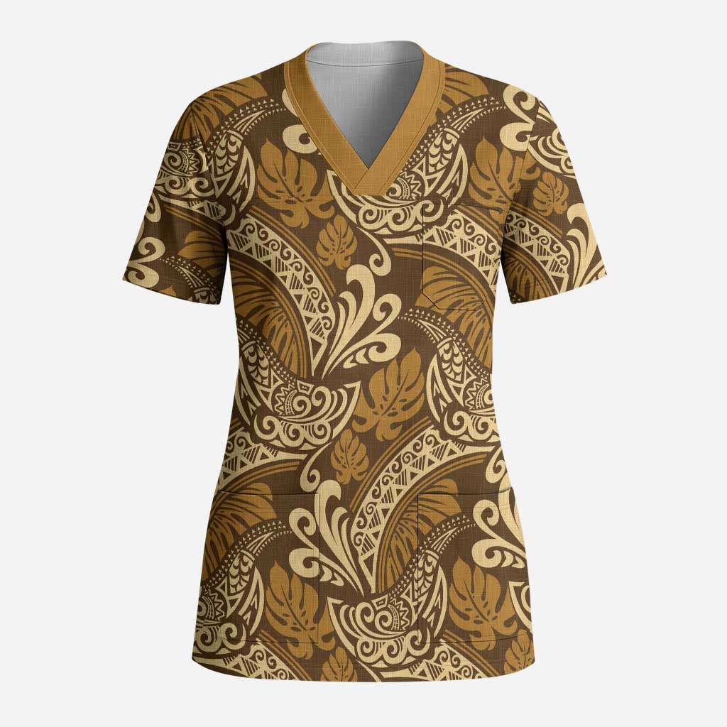 Brown Gold Monstera Scrub Top Polynesian Tribal Pattern - Polynesian Pride