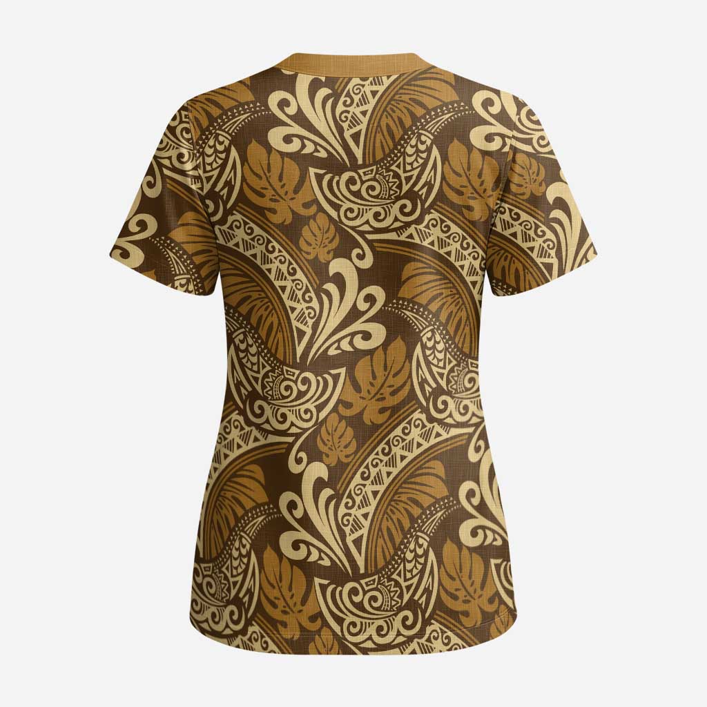 Brown Gold Monstera Scrub Top Polynesian Tribal Pattern - Polynesian Pride