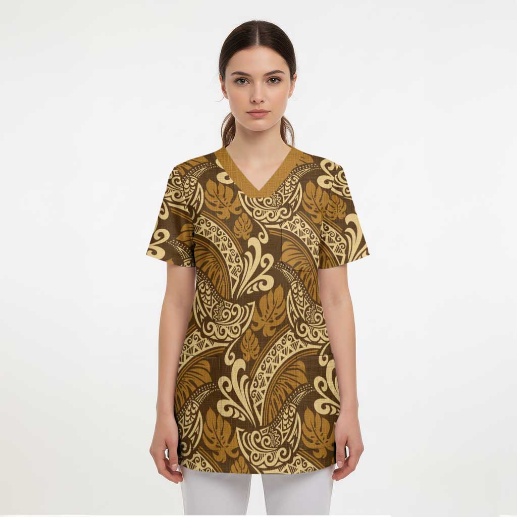 Brown Gold Monstera Scrub Top Polynesian Tribal Pattern - Polynesian Pride
