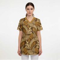 Brown Gold Monstera Scrub Top Polynesian Tribal Pattern - Polynesian Pride