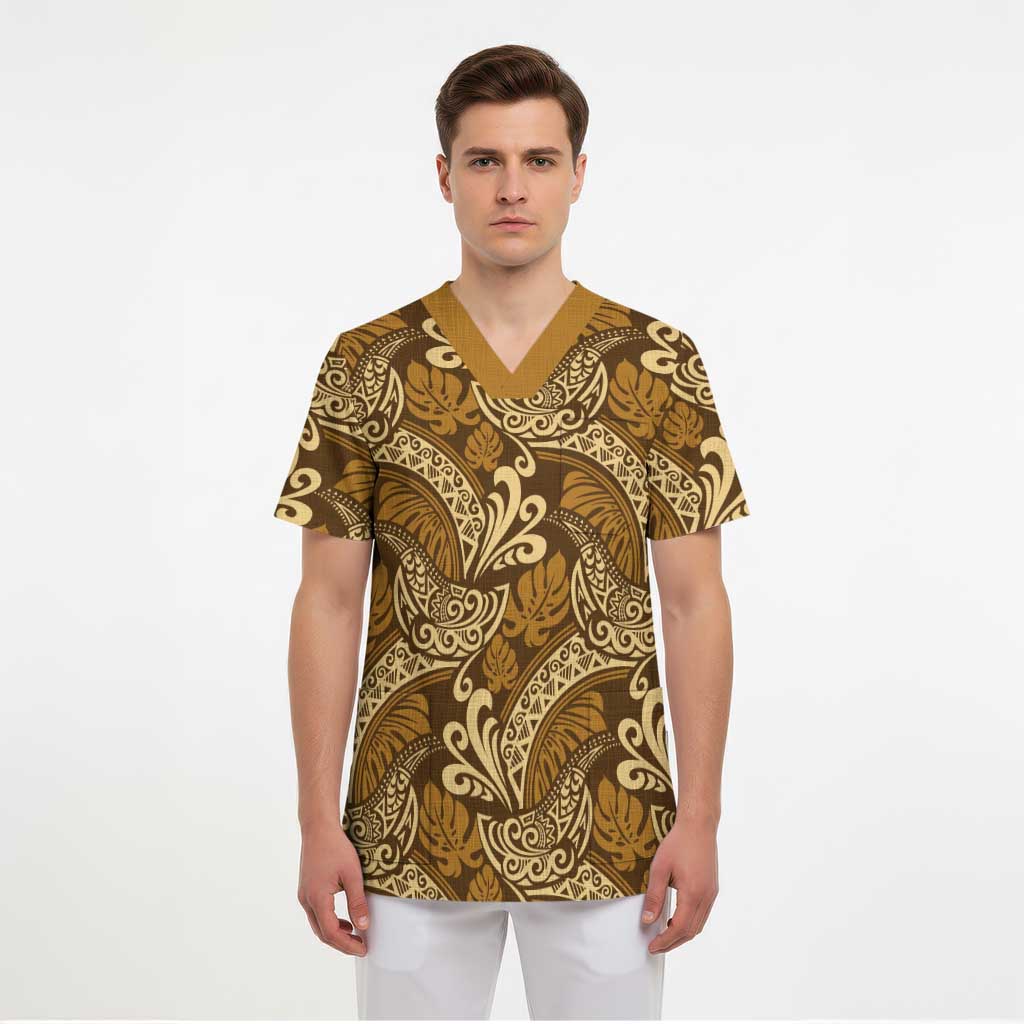 Brown Gold Monstera Scrub Top Polynesian Tribal Pattern - Polynesian Pride