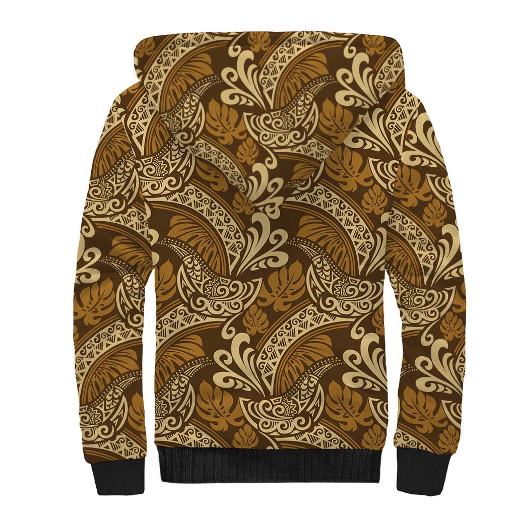 Brown Gold Monstera Sherpa Hoodie Polynesian Tribal Pattern - Polynesian Pride