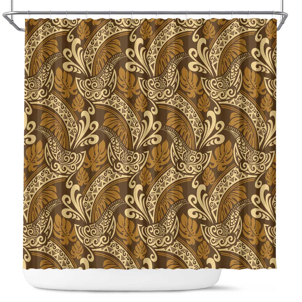 Brown Gold Monstera Shower Curtain Polynesian Tribal Pattern - Polynesian Pride