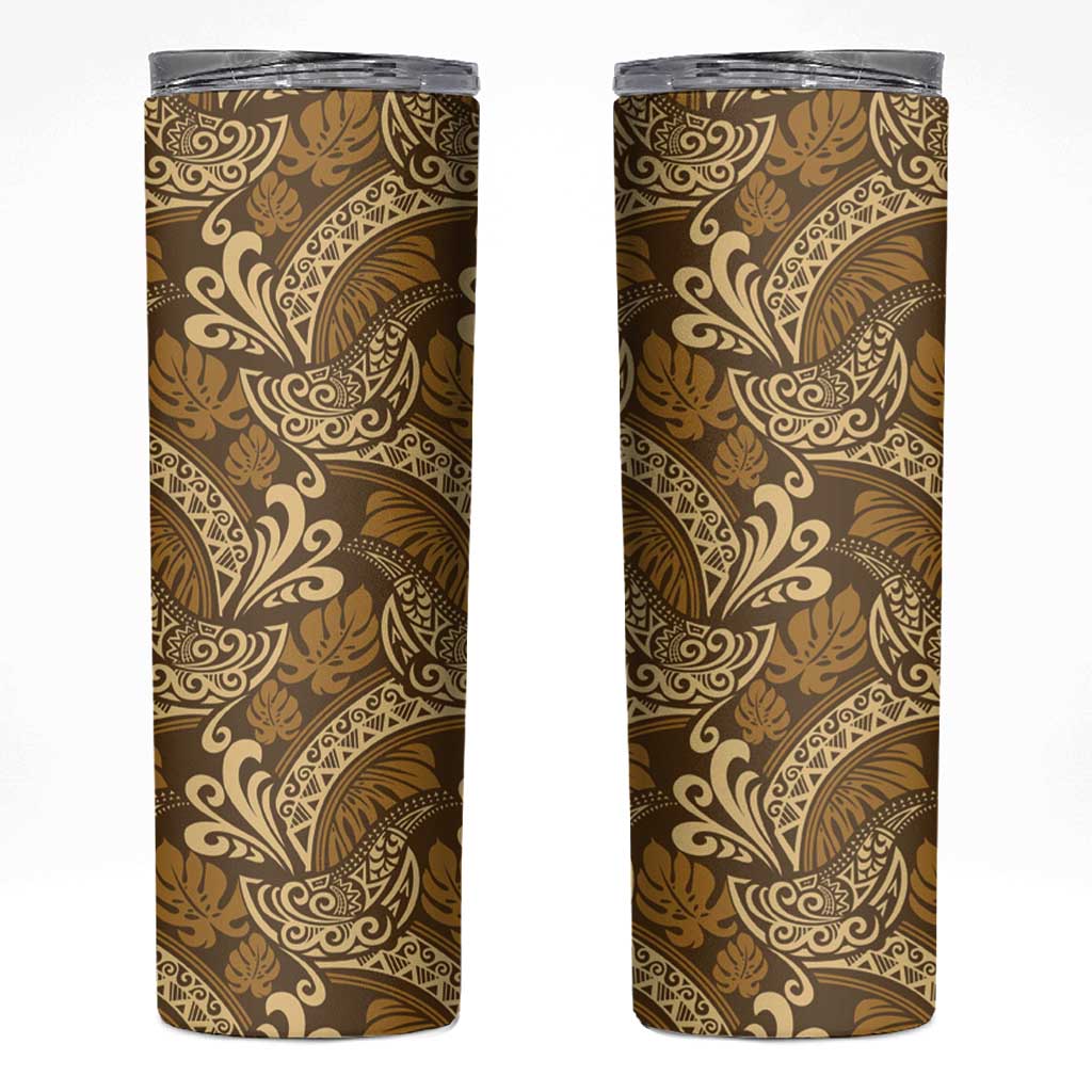 Brown Gold Monstera Skinny Tumbler Polynesian Tribal Pattern - Polynesian Pride