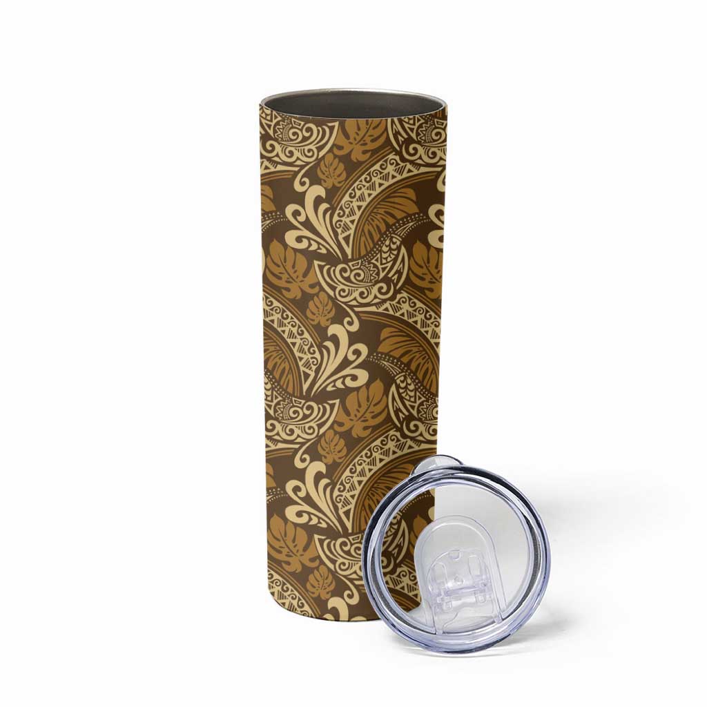 Brown Gold Monstera Skinny Tumbler Polynesian Tribal Pattern - Polynesian Pride