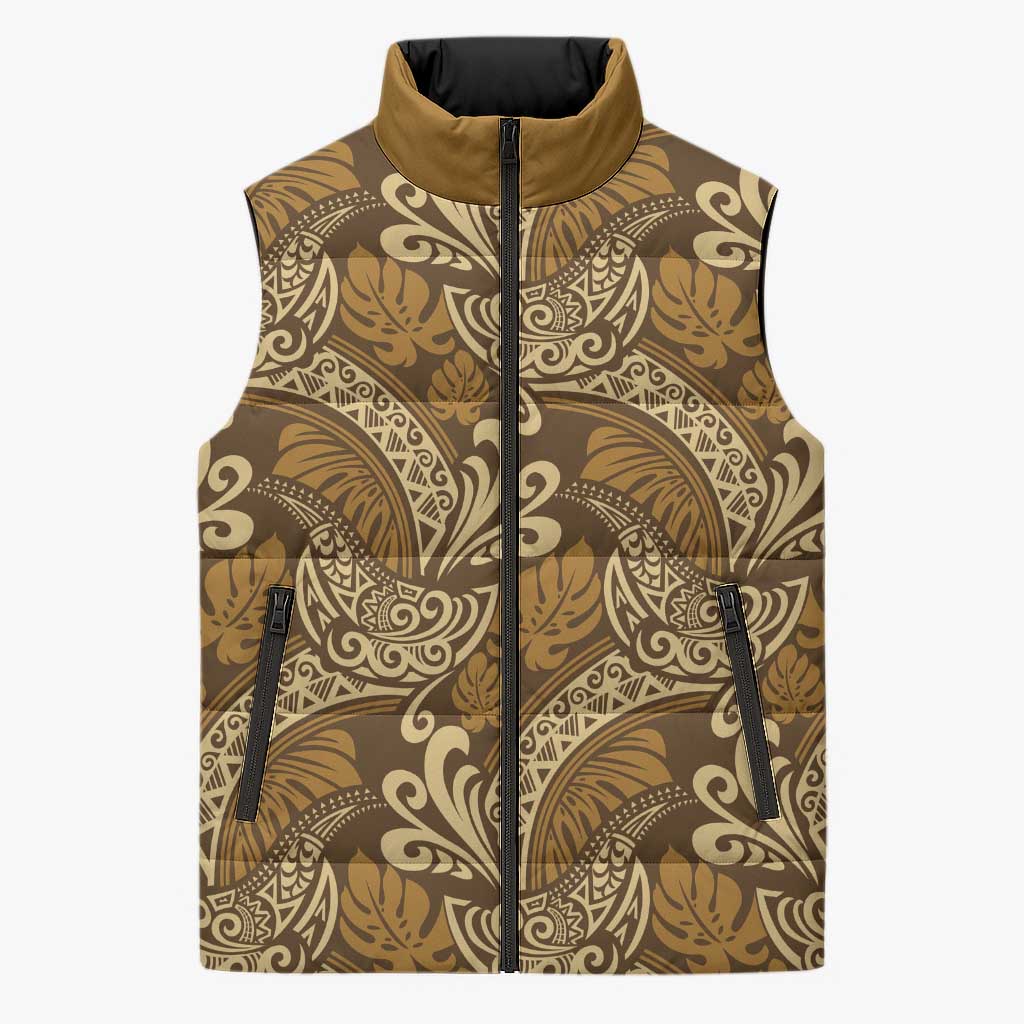 Brown Gold Monstera Sleeveless Puffer Jacket Polynesian Tribal Pattern - Polynesian Pride