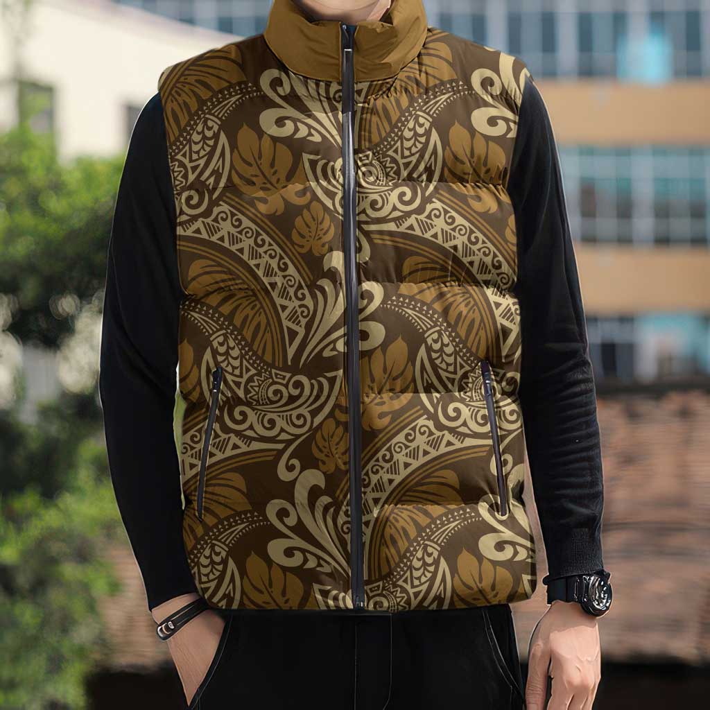 Brown Gold Monstera Sleeveless Puffer Jacket Polynesian Tribal Pattern - Polynesian Pride