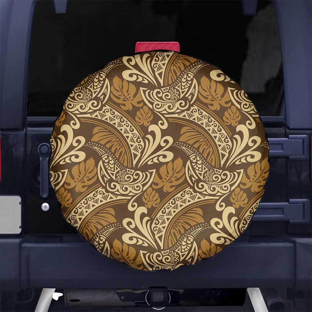 Brown Gold Monstera Spare Tire Cover Polynesian Tribal Pattern - Polynesian Pride