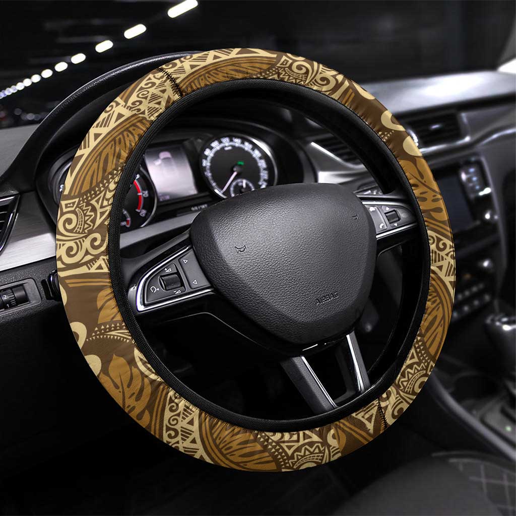 Brown Gold Monstera Steering Wheel Cover Polynesian Tribal Pattern - Polynesian Pride