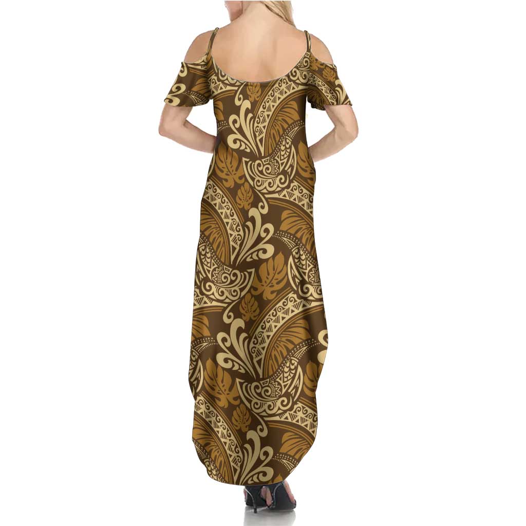 Brown Gold Monstera Summer Maxi Dress Polynesian Tribal Pattern - Polynesian Pride