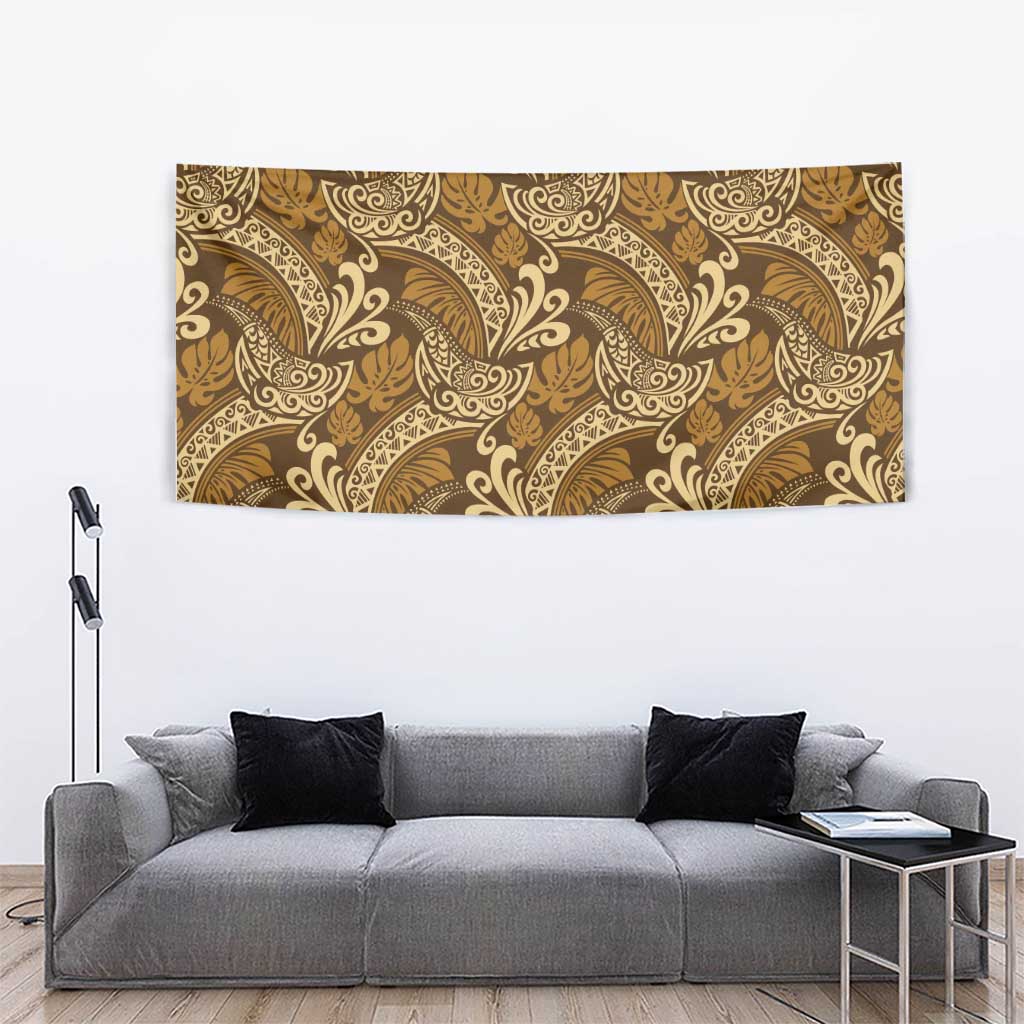 Brown Gold Monstera Tapestry Polynesian Tribal Pattern - Polynesian Pride