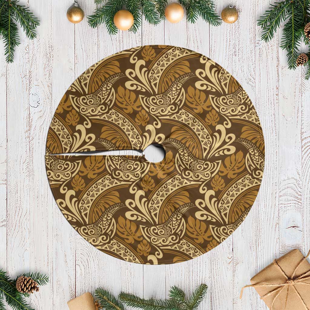 Brown Gold Monstera Tree Skirt Polynesian Tribal Pattern - Polynesian Pride
