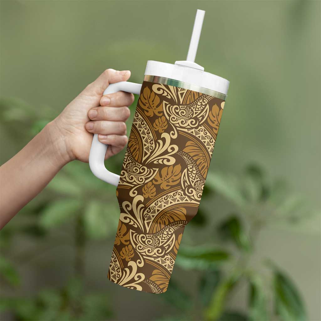 Brown Gold Monstera Tumbler With Handle Polynesian Tribal Pattern - Polynesian Pride