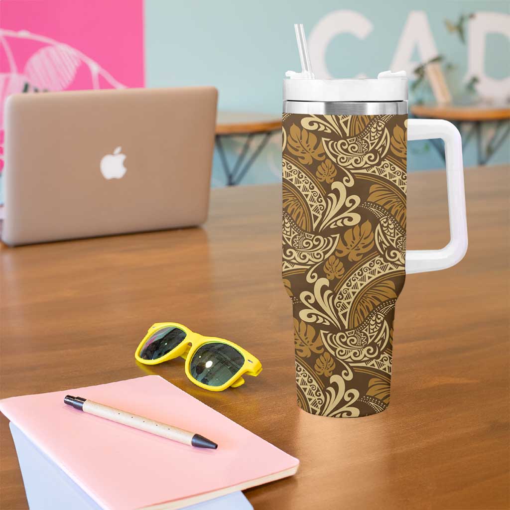 Brown Gold Monstera Tumbler With Handle Polynesian Tribal Pattern - Polynesian Pride