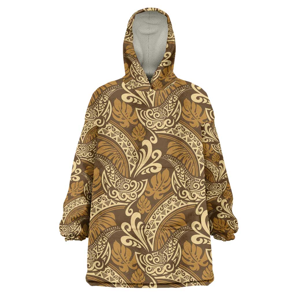 Brown Gold Monstera Wearable Blanket Hoodie Polynesian Tribal Pattern - Polynesian Pride