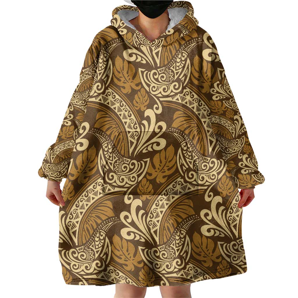 Brown Gold Monstera Wearable Blanket Hoodie Polynesian Tribal Pattern - Polynesian Pride