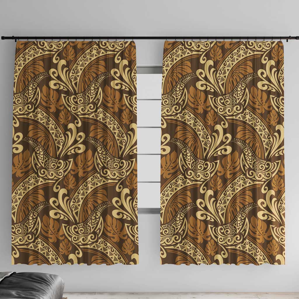 Brown Gold Monstera Window Curtain Polynesian Tribal Pattern - Polynesian Pride