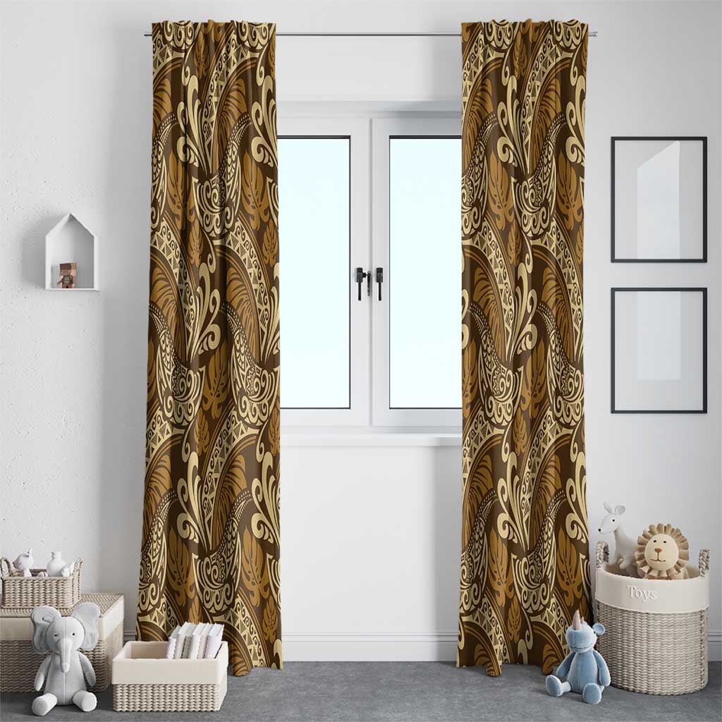 Brown Gold Monstera Window Curtain Polynesian Tribal Pattern - Polynesian Pride