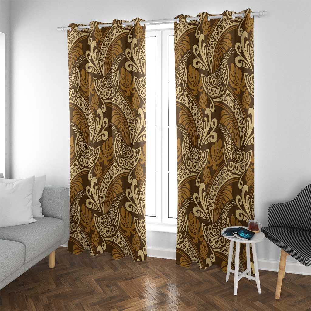 Brown Gold Monstera Window Curtain Polynesian Tribal Pattern - Polynesian Pride