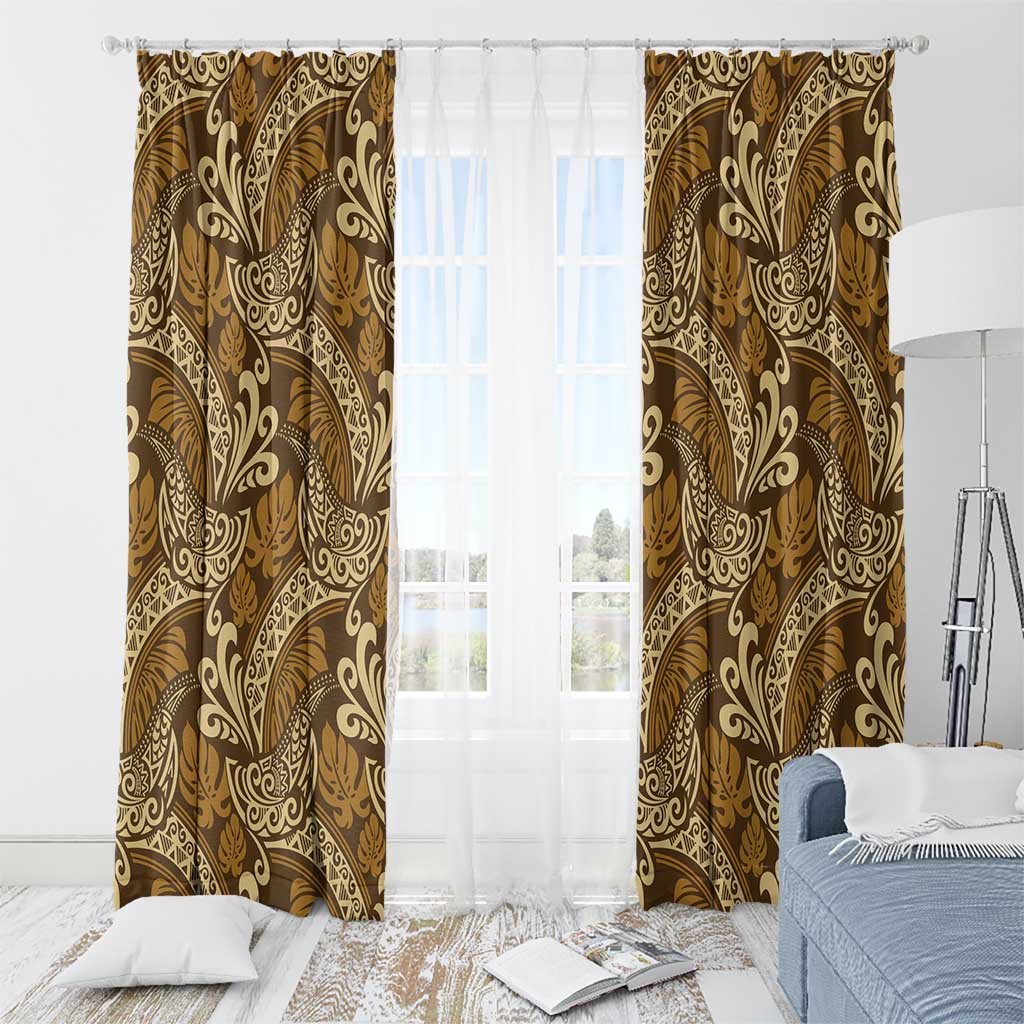 Brown Gold Monstera Window Curtain Polynesian Tribal Pattern - Polynesian Pride