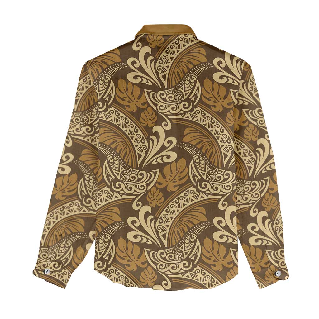 Brown Gold Monstera Women Casual Shirt Polynesian Tribal Pattern - Polynesian Pride