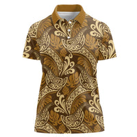 Brown Gold Monstera Women Polo Shirt Polynesian Tribal Pattern - Polynesian Pride