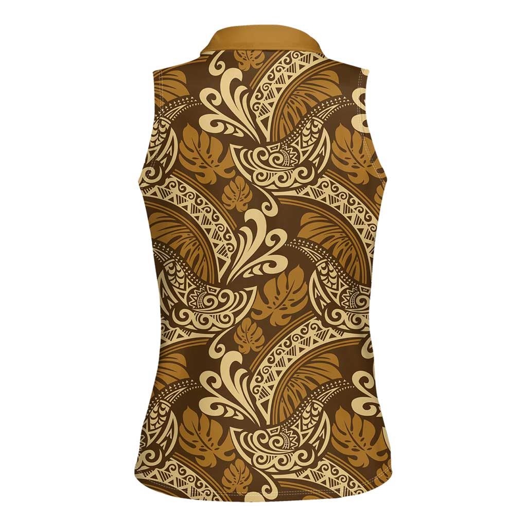 Brown Gold Monstera Women Sleeveless Polo Shirt Polynesian Tribal Pattern - Polynesian Pride