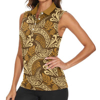 Brown Gold Monstera Women Sleeveless Polo Shirt Polynesian Tribal Pattern - Polynesian Pride