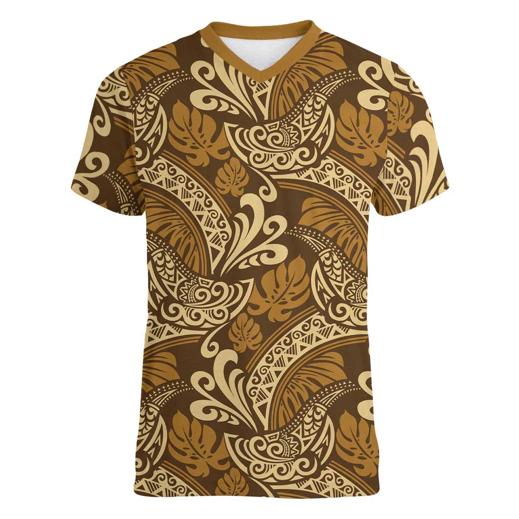 Brown Gold Monstera Women V-Neck T-Shirt Polynesian Tribal Pattern - Polynesian Pride