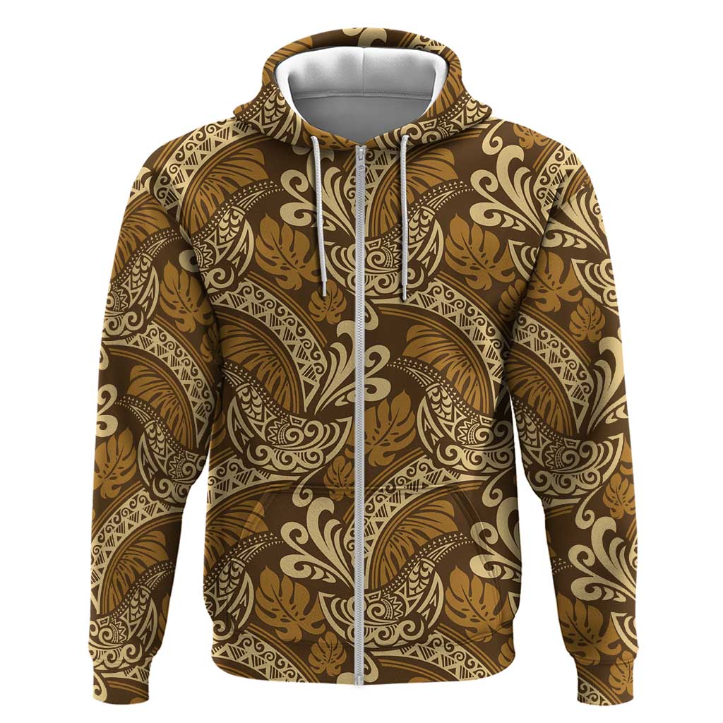 Brown Gold Monstera Zip Hoodie Polynesian Tribal Pattern - Polynesian Pride