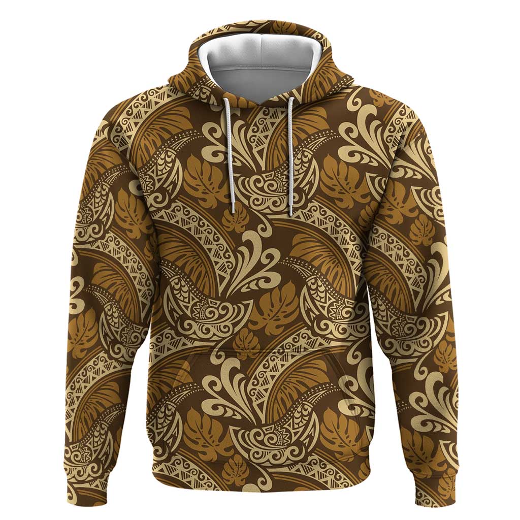 Brown Gold Monstera Zip Hoodie Polynesian Tribal Pattern - Polynesian Pride