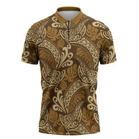 Brown Gold Monstera Zipper Polo Shirt Polynesian Tribal Pattern - Polynesian Pride
