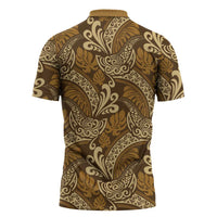 Brown Gold Monstera Zipper Polo Shirt Polynesian Tribal Pattern - Polynesian Pride