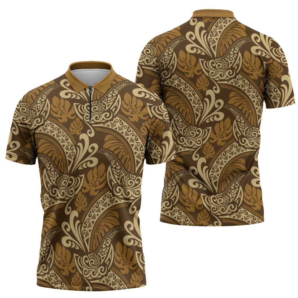 Brown Gold Monstera Zipper Polo Shirt Polynesian Tribal Pattern - Polynesian Pride