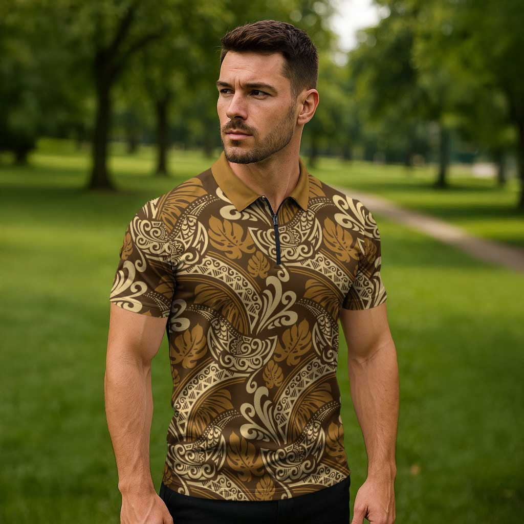 Brown Gold Monstera Zipper Polo Shirt Polynesian Tribal Pattern - Polynesian Pride