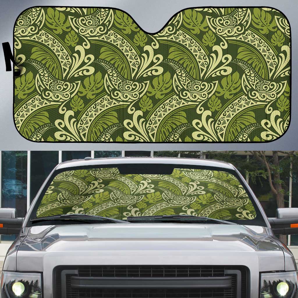 Olive Green Monstera Auto Sun Shade Polynesian Tribal Pattern - Polynesian Pride
