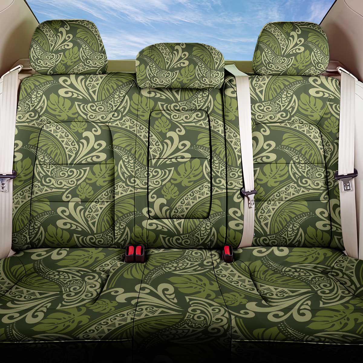 Olive Green Monstera Back Car Seat Cover Polynesian Tribal Pattern - Polynesian Pride
