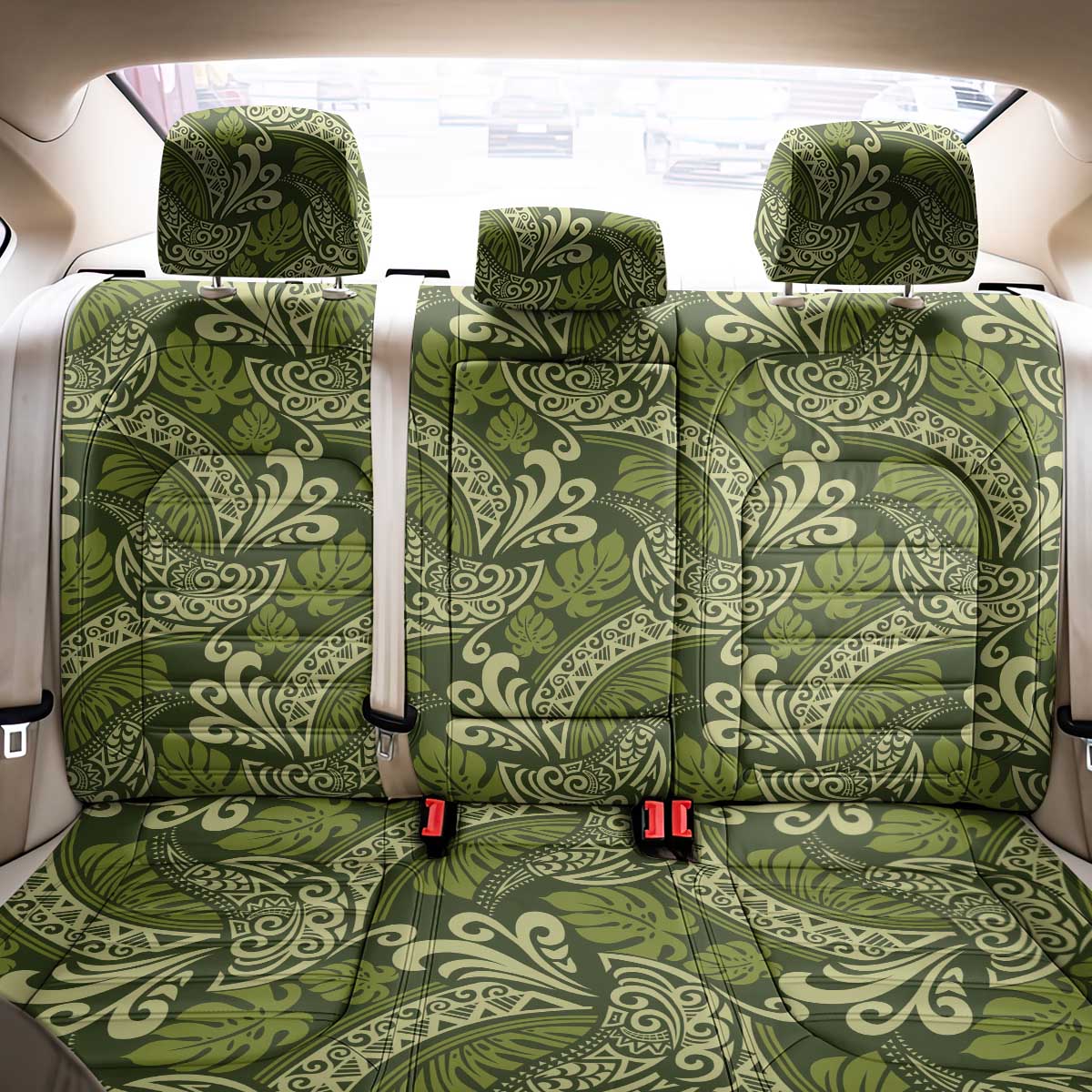 Olive Green Monstera Back Car Seat Cover Polynesian Tribal Pattern - Polynesian Pride