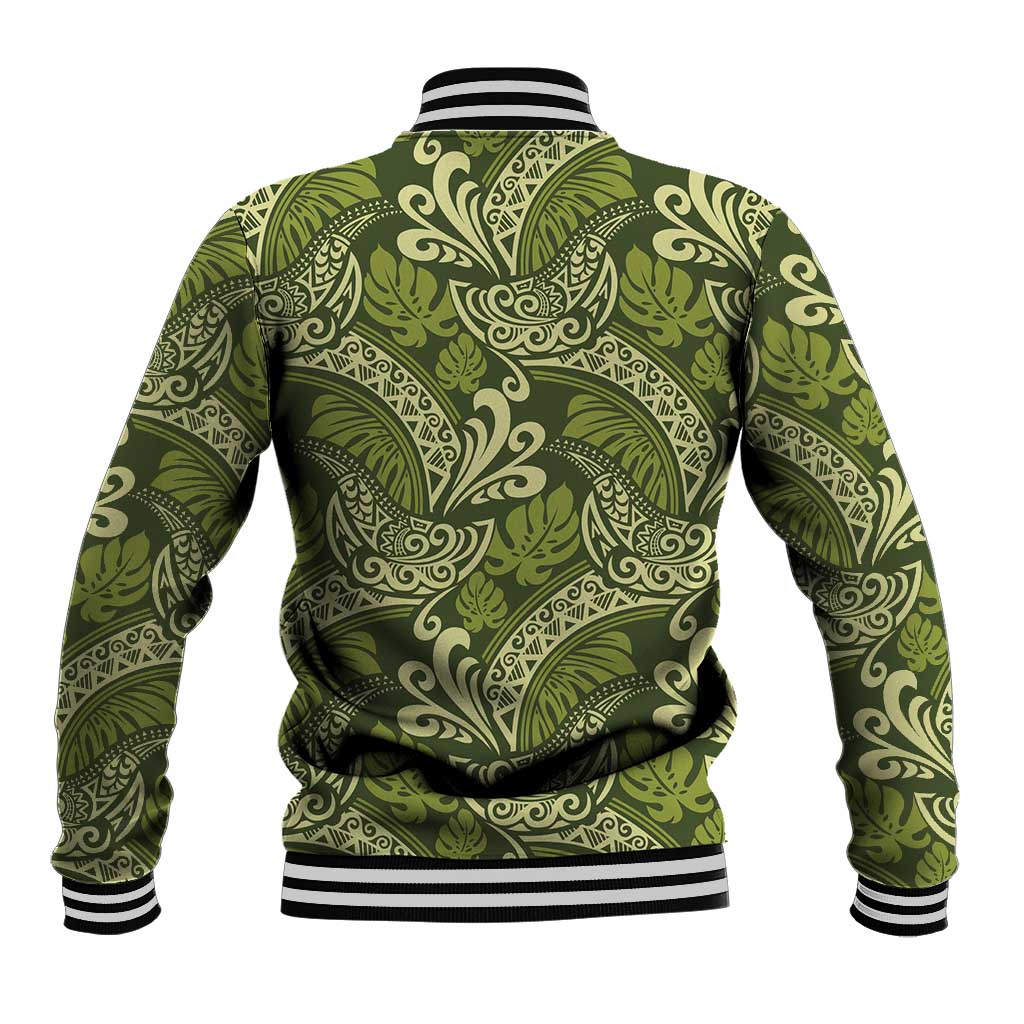 Olive Green Monstera Baseball Jacket Polynesian Tribal Pattern - Polynesian Pride