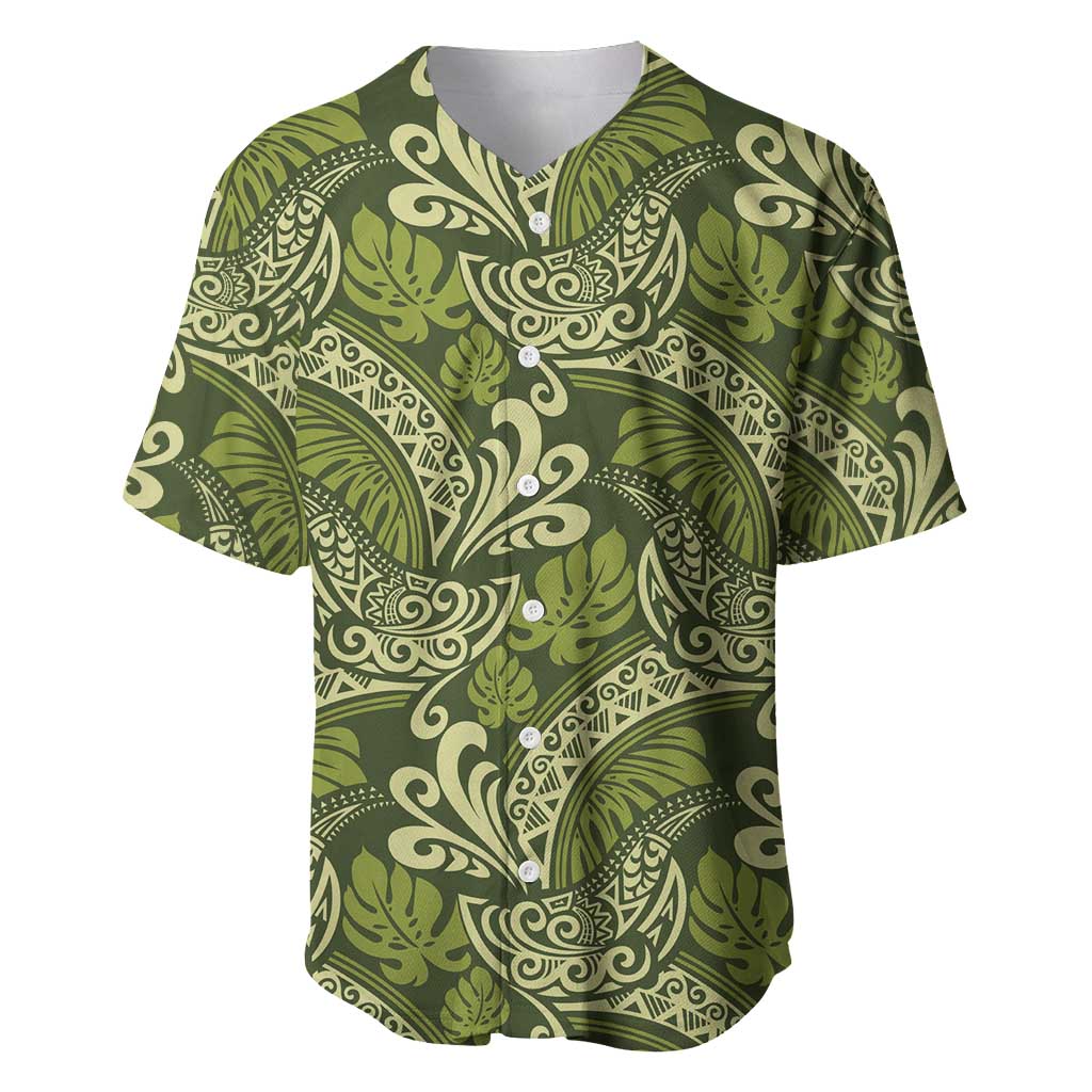 Olive Green Monstera Baseball Jersey Polynesian Tribal Pattern - Polynesian Pride