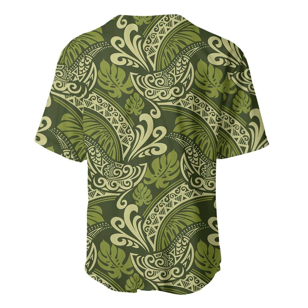 Olive Green Monstera Baseball Jersey Polynesian Tribal Pattern - Polynesian Pride