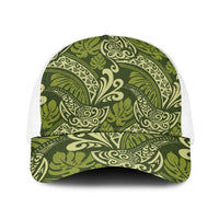 Olive Green Monstera Baseball Net Cap Polynesian Tribal Pattern - Polynesian Pride