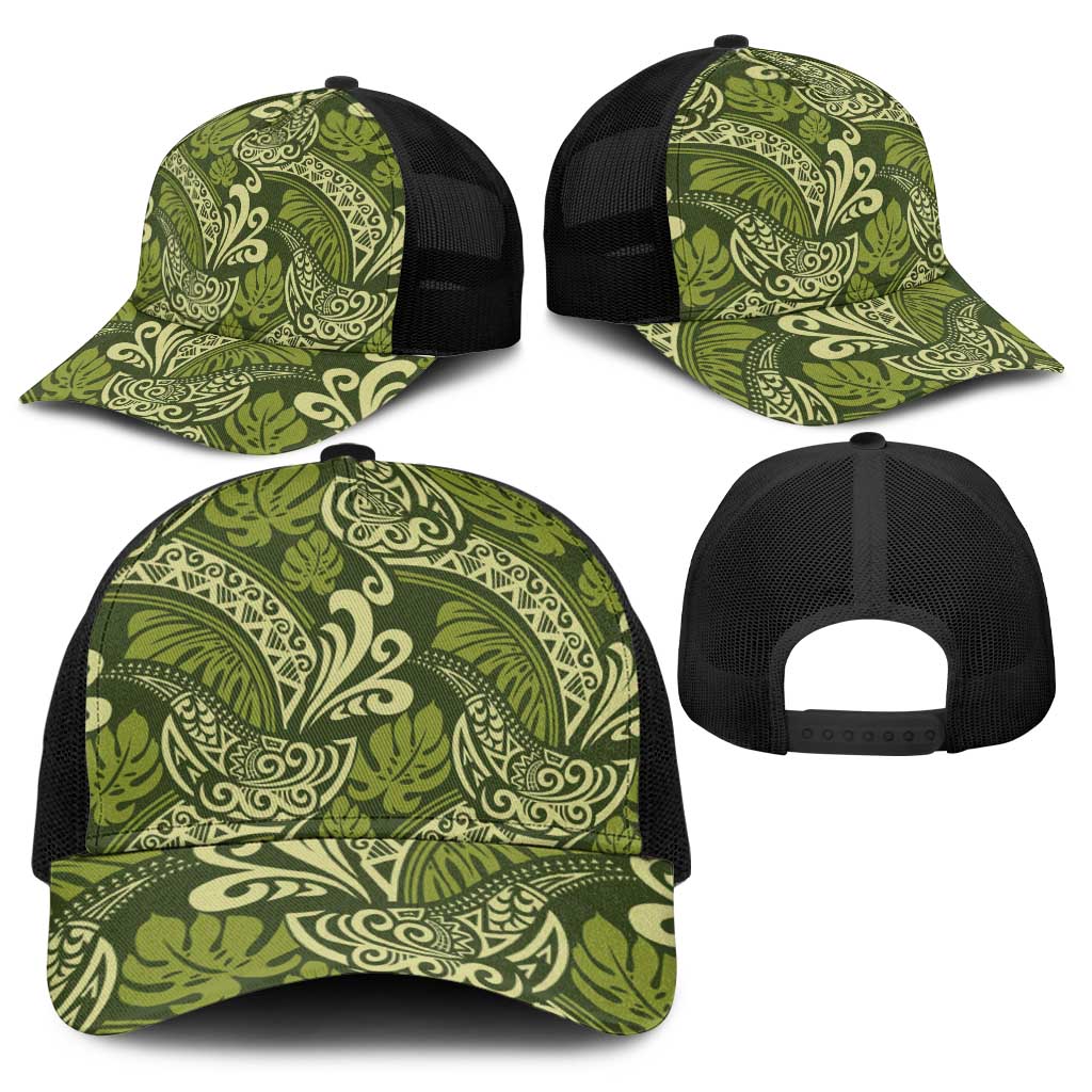 Olive Green Monstera Baseball Net Cap Polynesian Tribal Pattern - Polynesian Pride