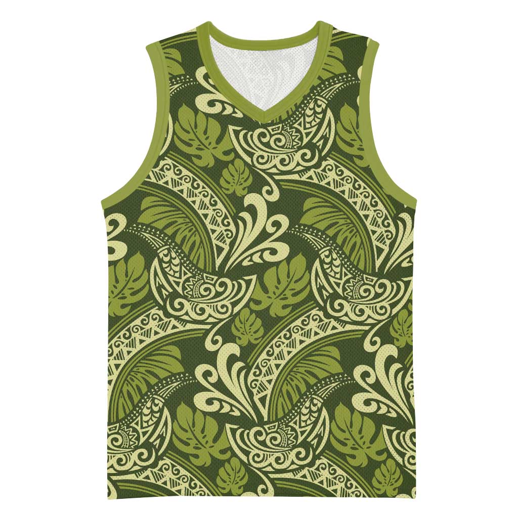 Olive Green Monstera Basketball Jersey Polynesian Tribal Pattern - Polynesian Pride