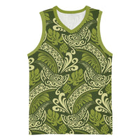 Olive Green Monstera Basketball Jersey Polynesian Tribal Pattern - Polynesian Pride