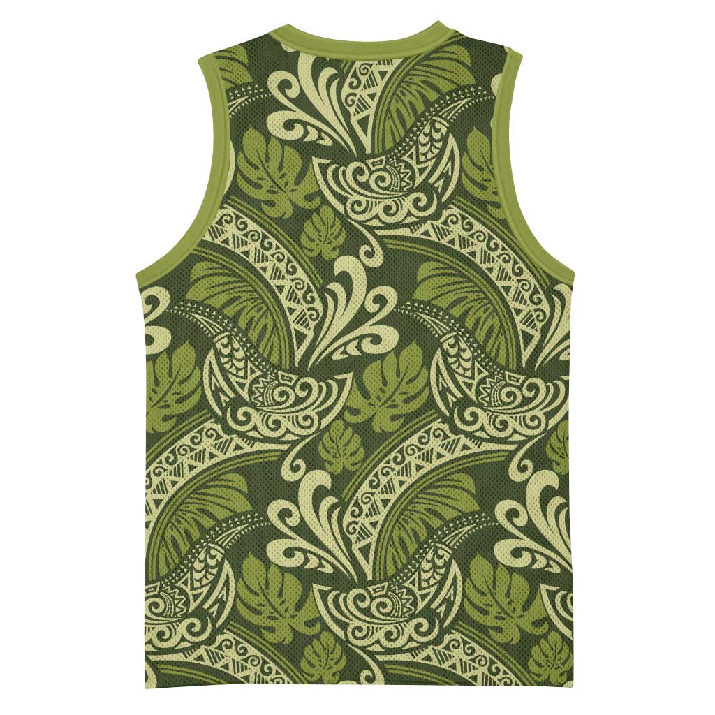 Olive Green Monstera Basketball Jersey Polynesian Tribal Pattern - Polynesian Pride