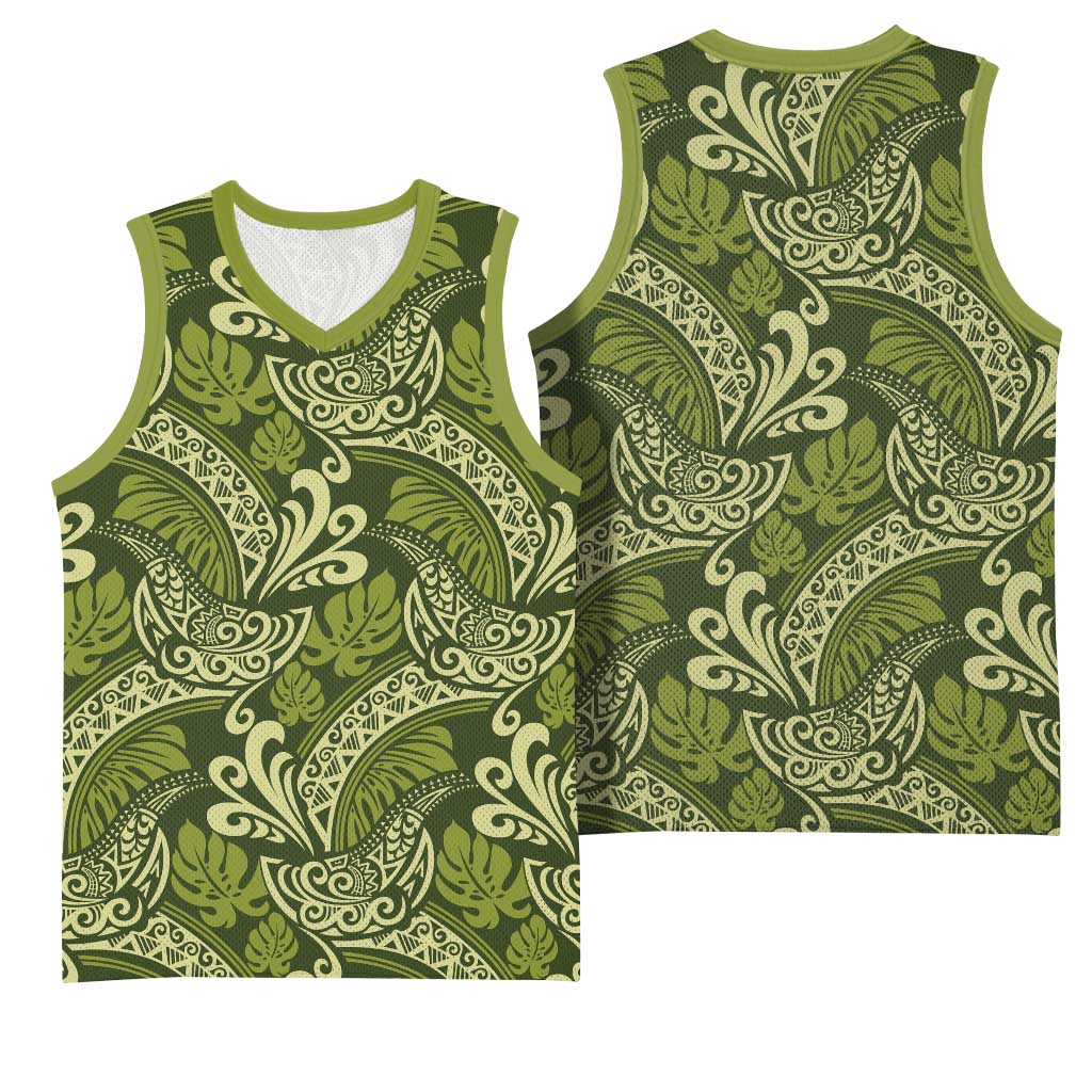 Olive Green Monstera Basketball Jersey Polynesian Tribal Pattern - Polynesian Pride