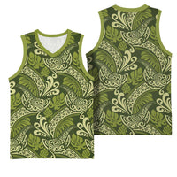 Olive Green Monstera Basketball Jersey Polynesian Tribal Pattern - Polynesian Pride