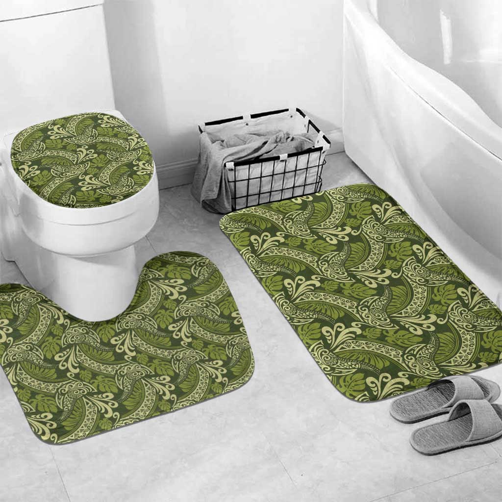 Olive Green Monstera Bathroom Set Polynesian Tribal Pattern - Polynesian Pride